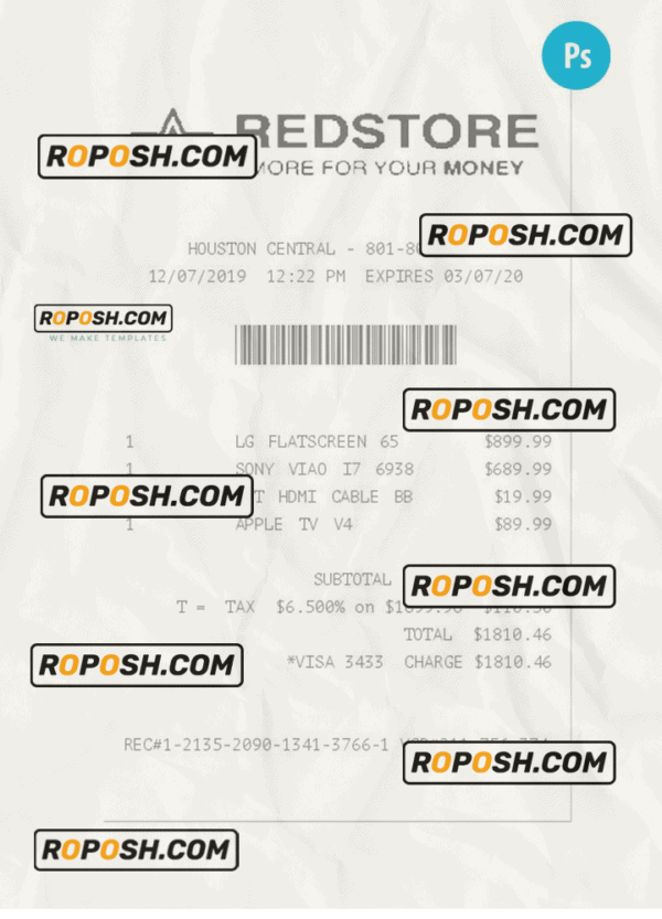 REDSTORE payment check PSD template