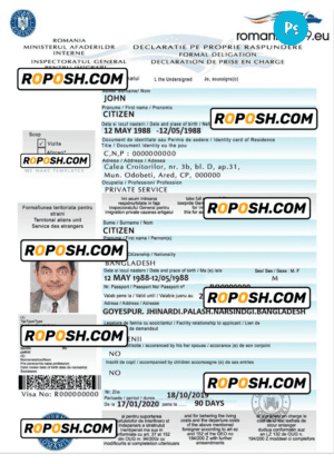 ROMANIA electronic visa PSD template, with fonts