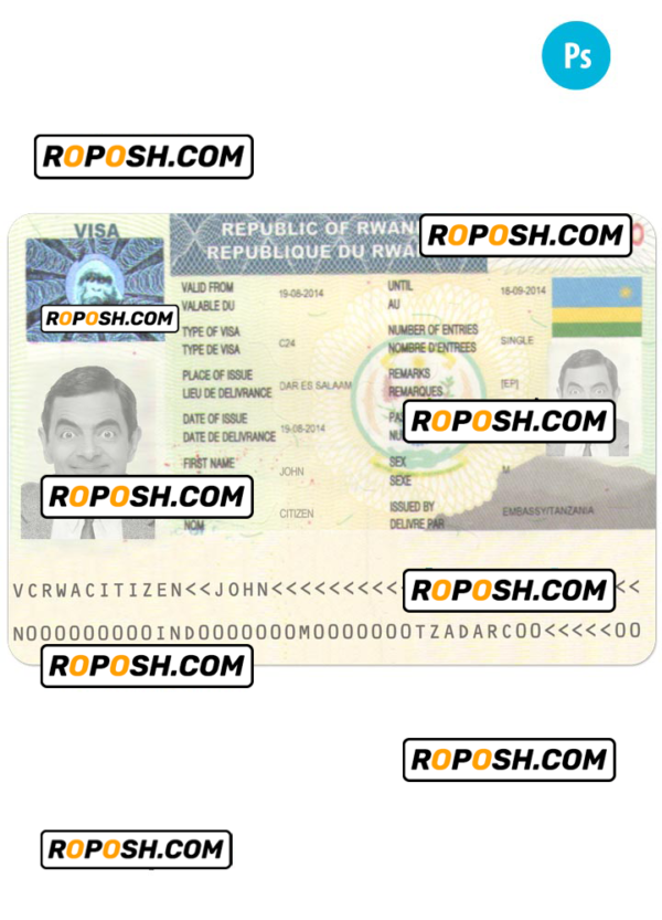 RWANDA travel visa PSD template, fully editable