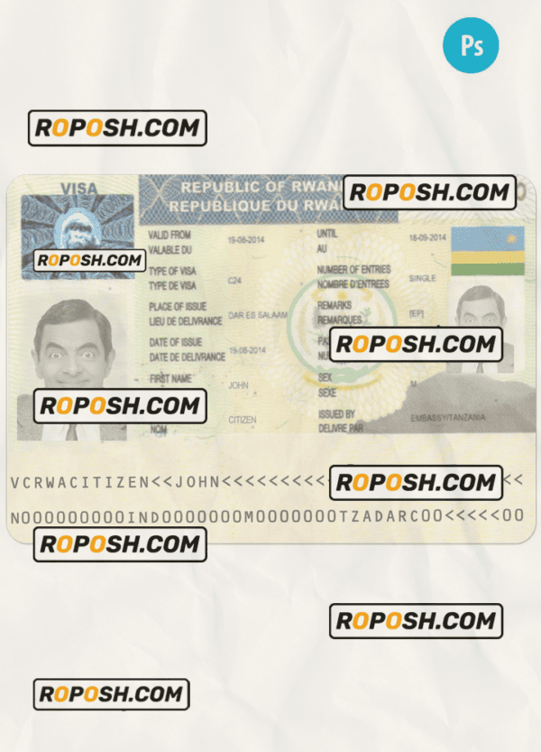 RWANDA travel visa PSD template, fully editable
