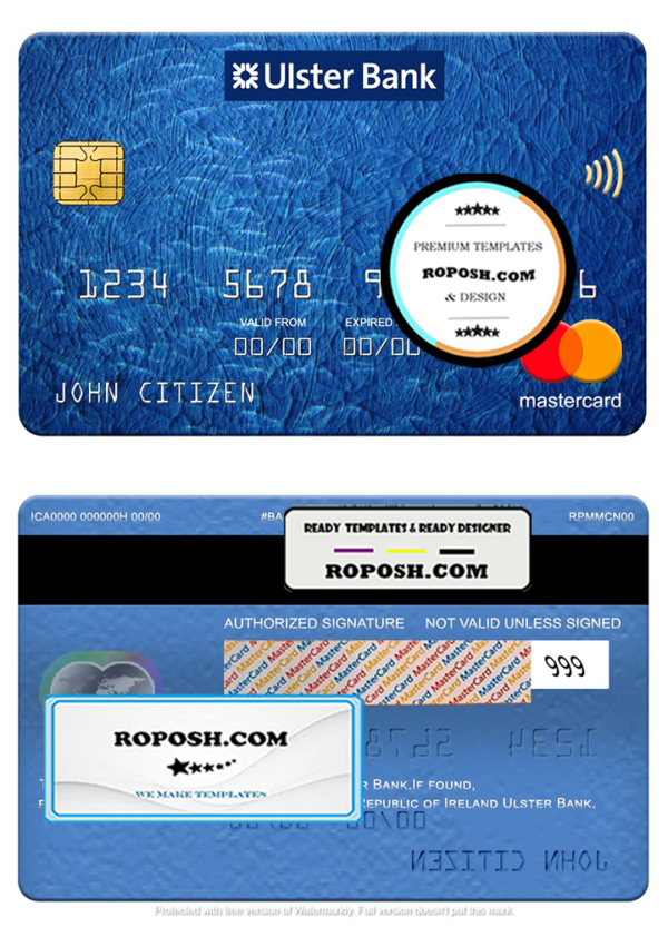 Republic of Ireland Ulster Bank mastercard, fully editable template in PSD format