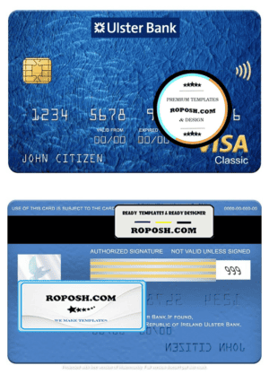 Republic of Ireland Ulster Bank visa classic card, fully editable template in PSD format