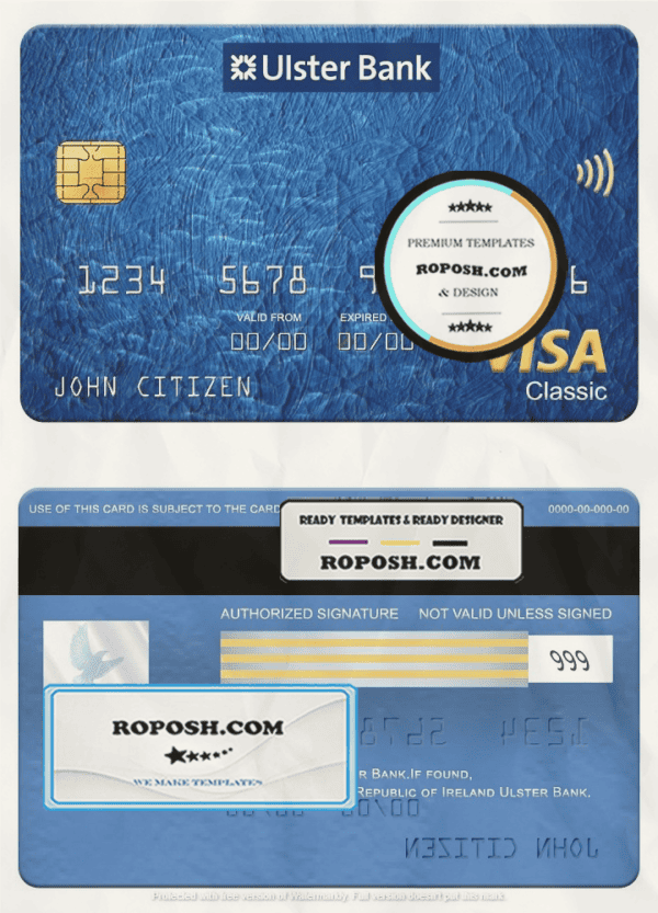 Republic of Ireland Ulster Bank visa classic card, fully editable template in PSD format