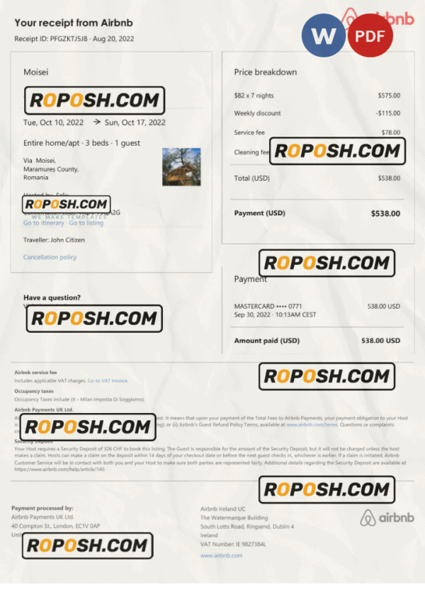 Romania Airbnb booking confirmation Word and PDF template