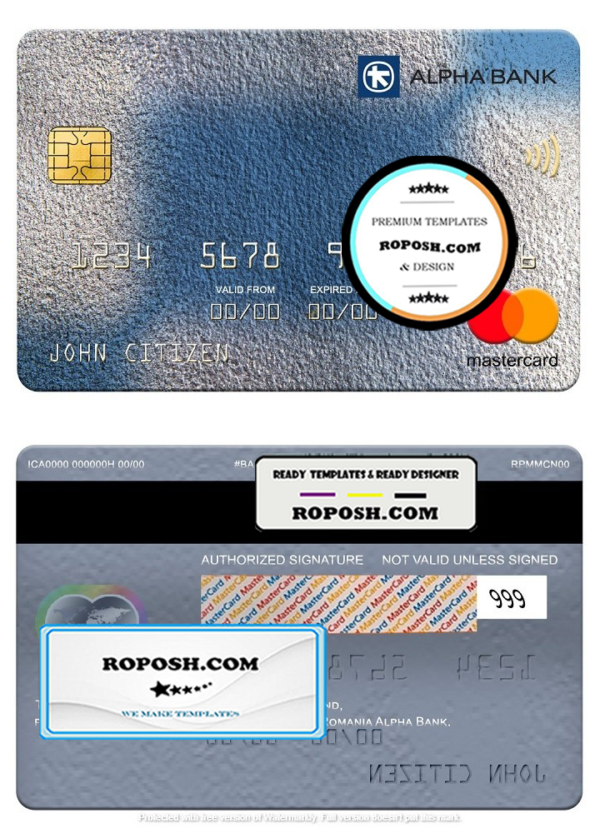 Romania Alpha Bank mastercard, fully editable template in PSD format