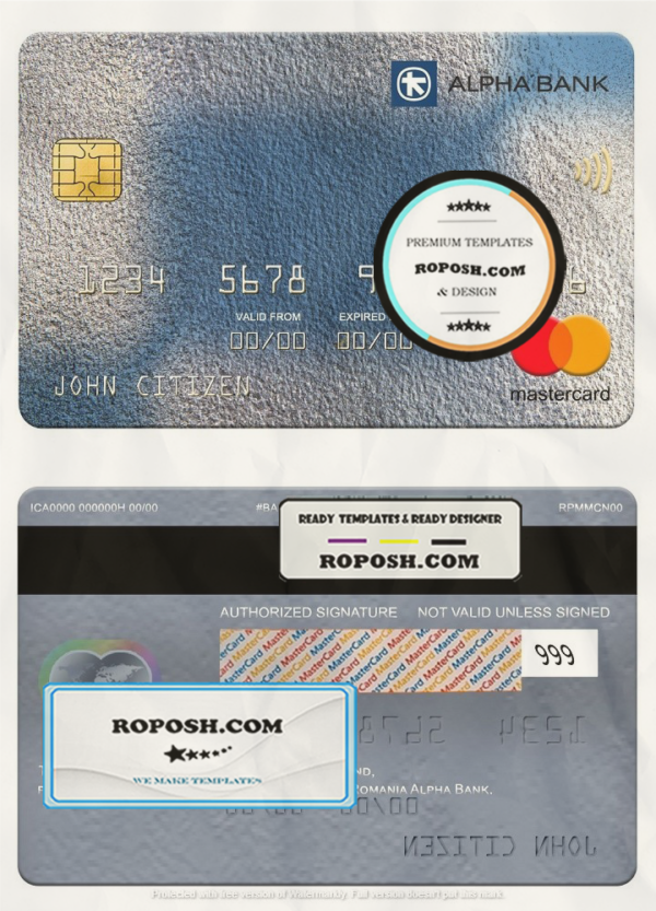 Romania Alpha Bank mastercard, fully editable template in PSD format scan effect