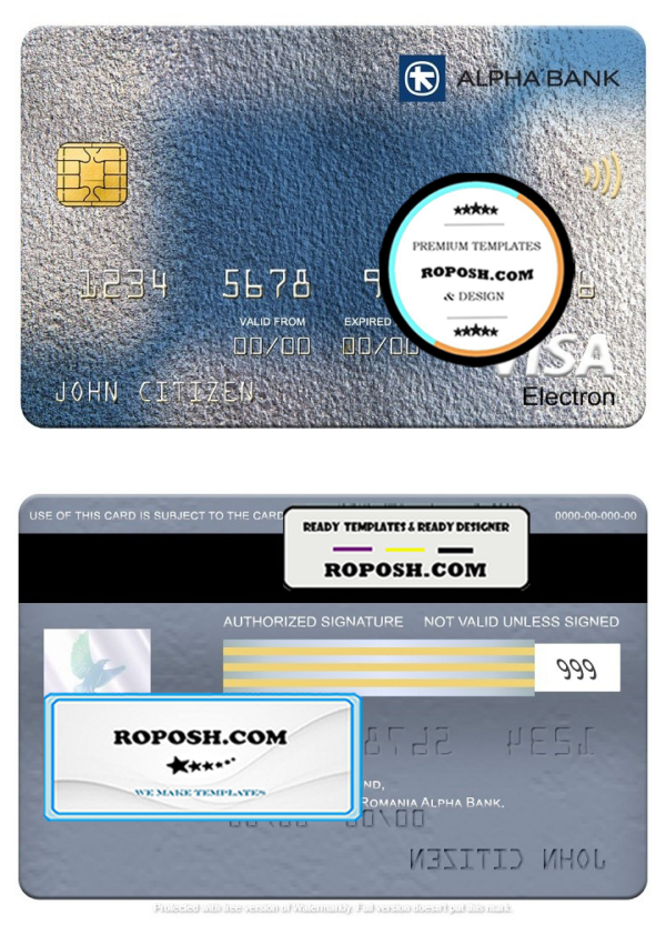 Romania Alpha Bank visa electron card, fully editable template in PSD format