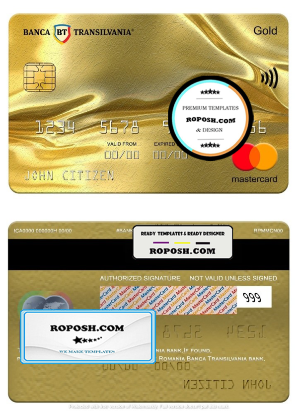 Romania Banca Transilvania bank mastercard gold, fully editable template in PSD format