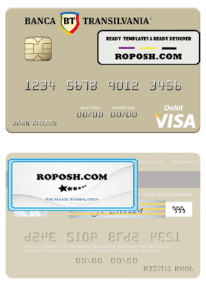 Romania Banca Transilvania visa debit card, fully editable template in PSD format