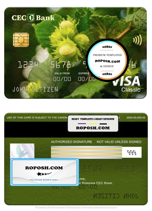 Romania CEC Bank visa classic card, fully editable template in PSD format