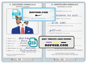 Romania cat (animal, pet) passport PSD template, fully editable