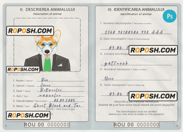Romania dog (animal, pet) passport PSD template, fully editable