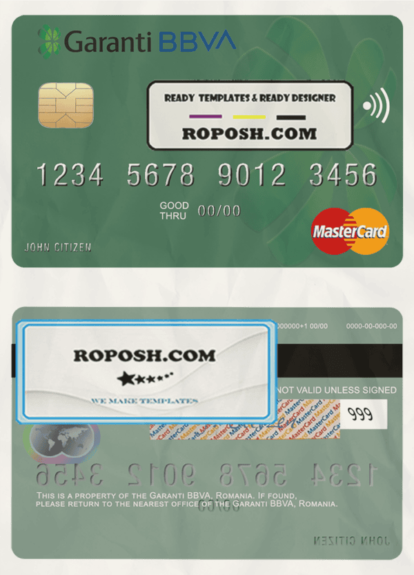 Romania Garanti BBVA mastercard, fully editable template in PSD format