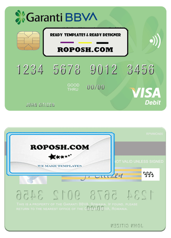 Romania Garanti BBVA visa debit card, fully editable template in PSD format