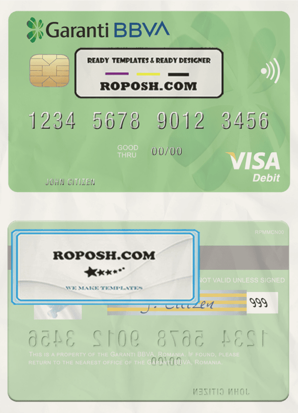 Romania Garanti BBVA visa debit card, fully editable template in PSD format