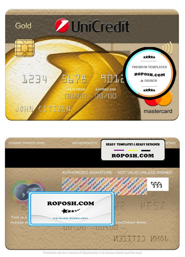 Romania UniCredit Bank mastercard gold, fully editable template in PSD format