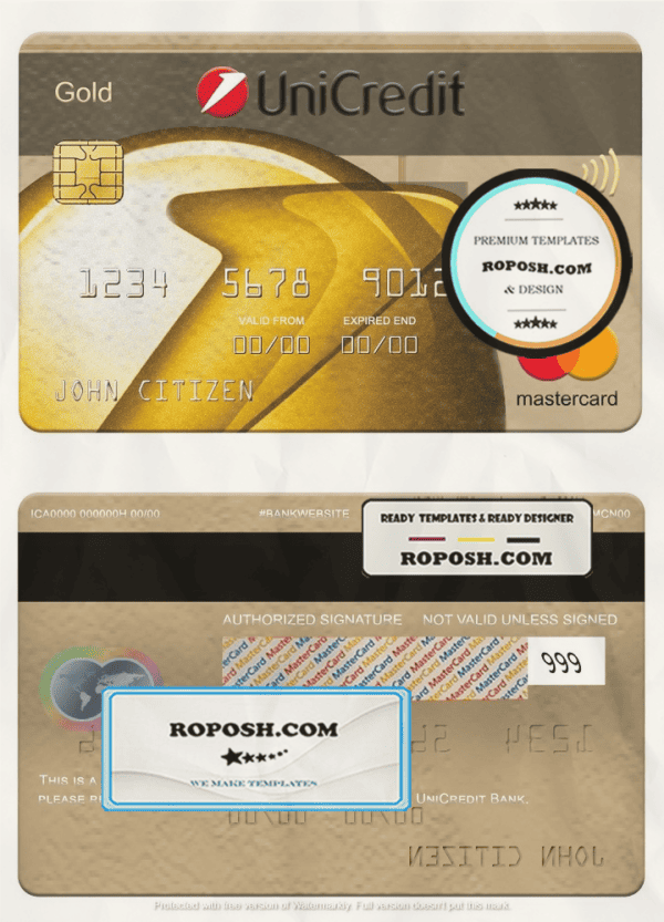 Romania UniCredit Bank mastercard gold, fully editable template in PSD format