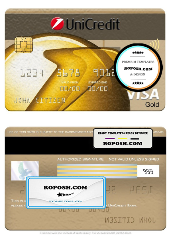 Romania UniCredit Bank visa gold card, fully editable template in PSD format