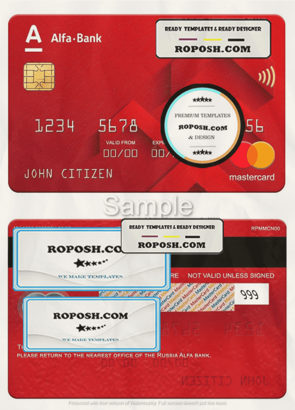 Russia Alfa bank mastercard, fully editable template in PSD format