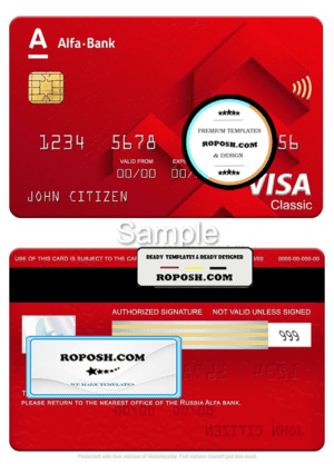 Russia Alfa bank visa classic card, fully editable template in PSD format