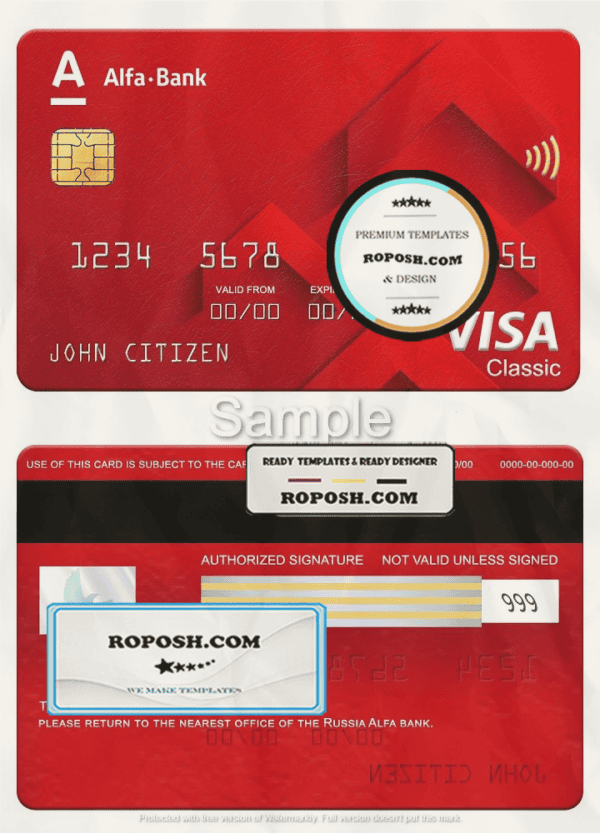 Russia Alfa bank visa classic card, fully editable template in PSD format