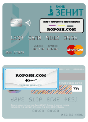 Russia Bank ZENIT mastercard, fully editable template in PSD format