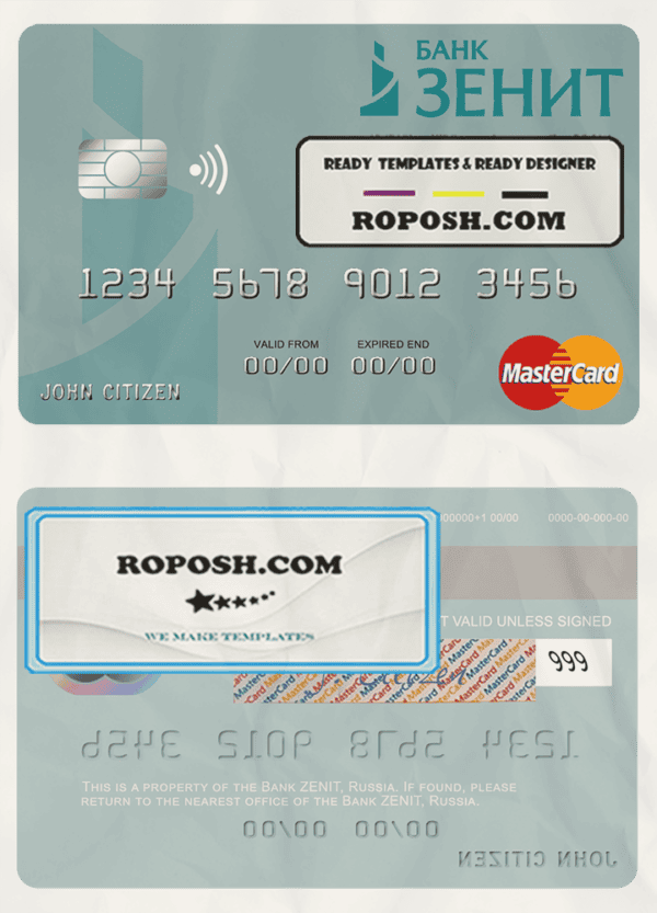 Russia Bank ZENIT mastercard, fully editable template in PSD format