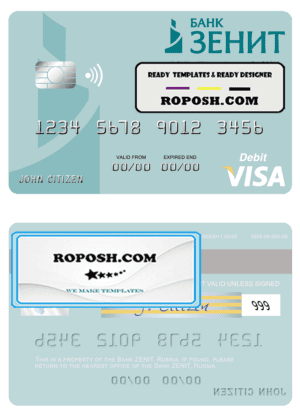 Russia Bank ZENIT visa debit card, fully editable template in PSD format