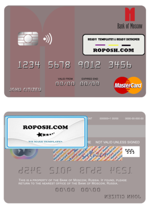 Russia Bank of Moscow mastercard, fully editable template in PSD format