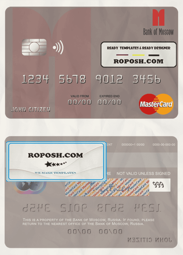 Russia Bank of Moscow mastercard, fully editable template in PSD format
