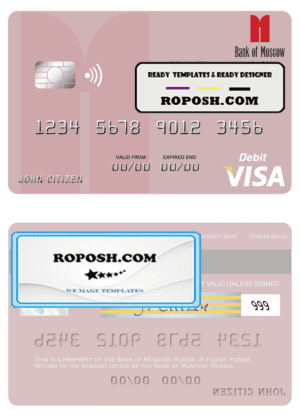 Russia Bank of Moscow visa debit card, fully editable template in PSD format