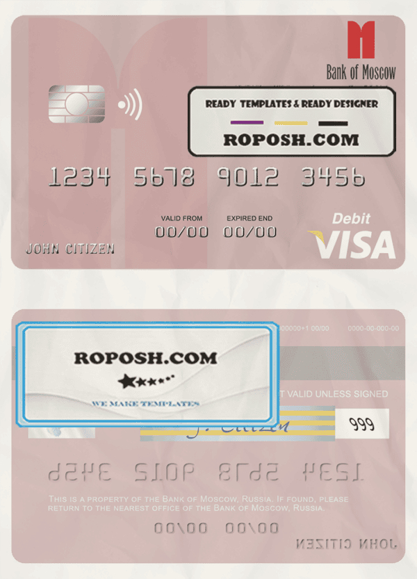 Russia Bank of Moscow visa debit card, fully editable template in PSD format