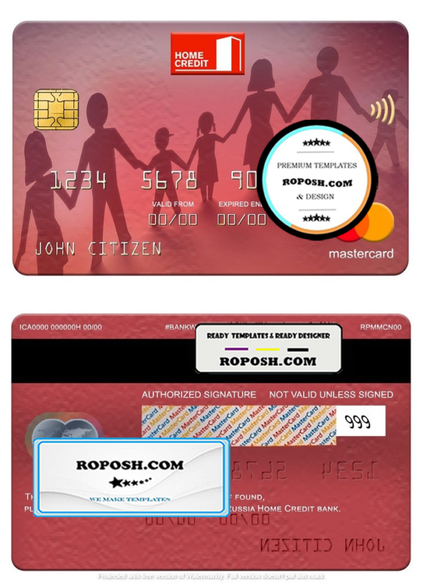 Russia Home Credit bank mastercard, fully editable template in PSD format
