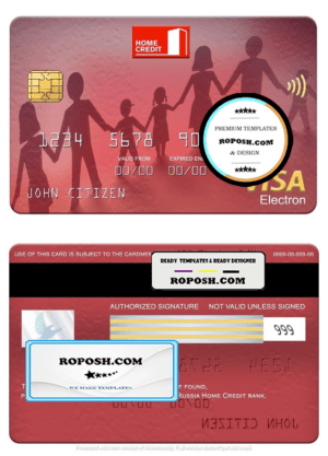 Russia Home Credit bank visa electron card, fully editable template in PSD format