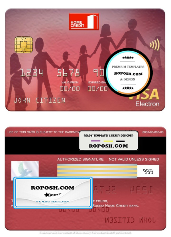 Russia Home Credit bank visa electron card, fully editable template in PSD format