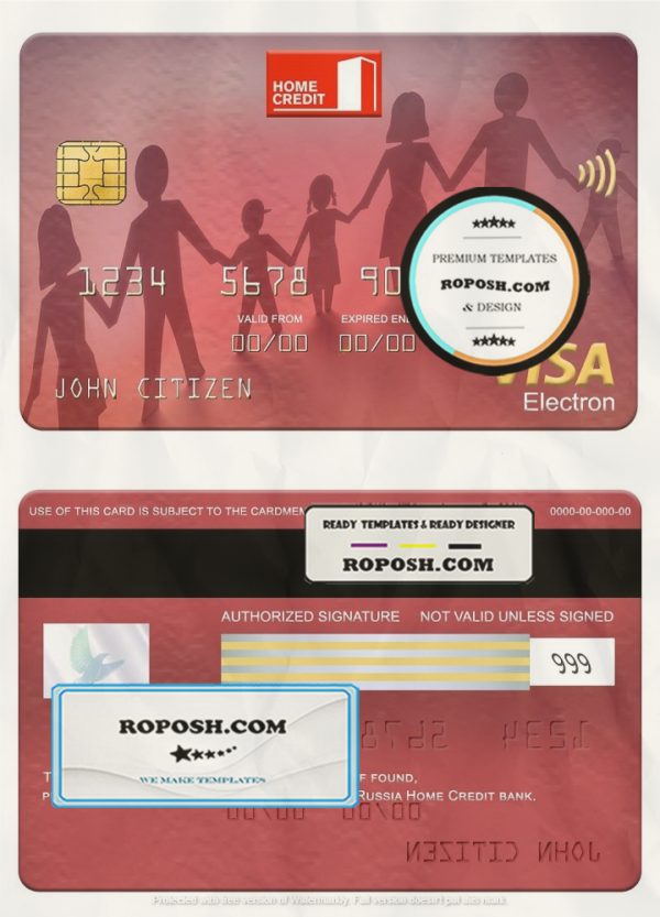 Russia Home Credit bank visa electron card, fully editable template in PSD format scan effect