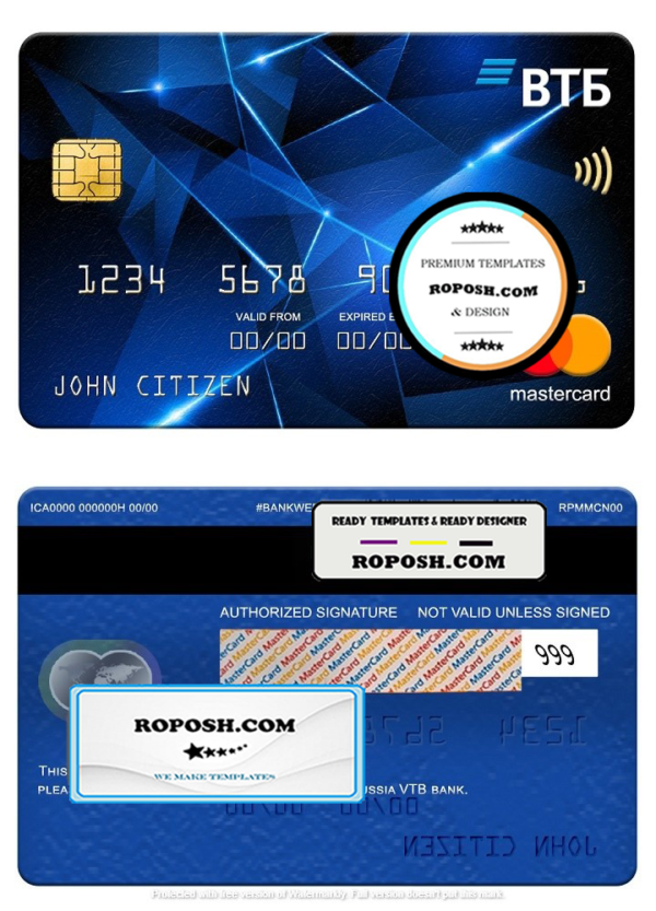 Russia VTB bank mastercard, fully editable template in PSD format