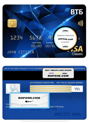 Russia VTB bank visa classic card, fully editable template in PSD format