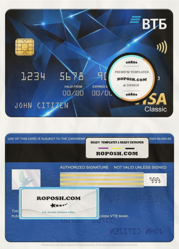 Russia VTB bank visa classic card, fully editable template in PSD format scan effect