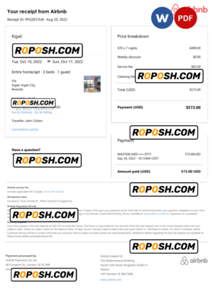 Rwanda Airbnb booking confirmation Word and PDF template