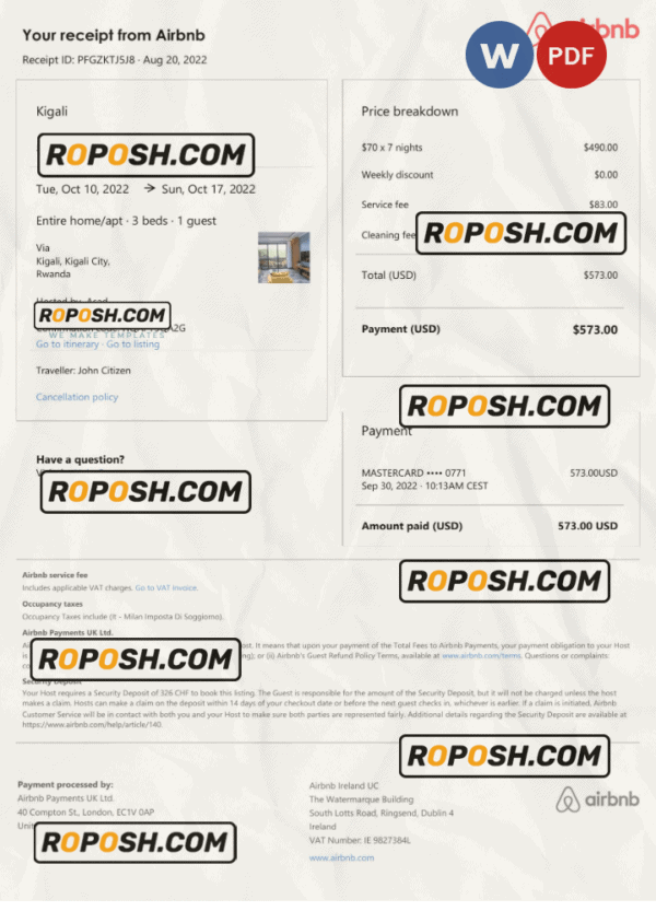 Rwanda Airbnb booking confirmation Word and PDF template