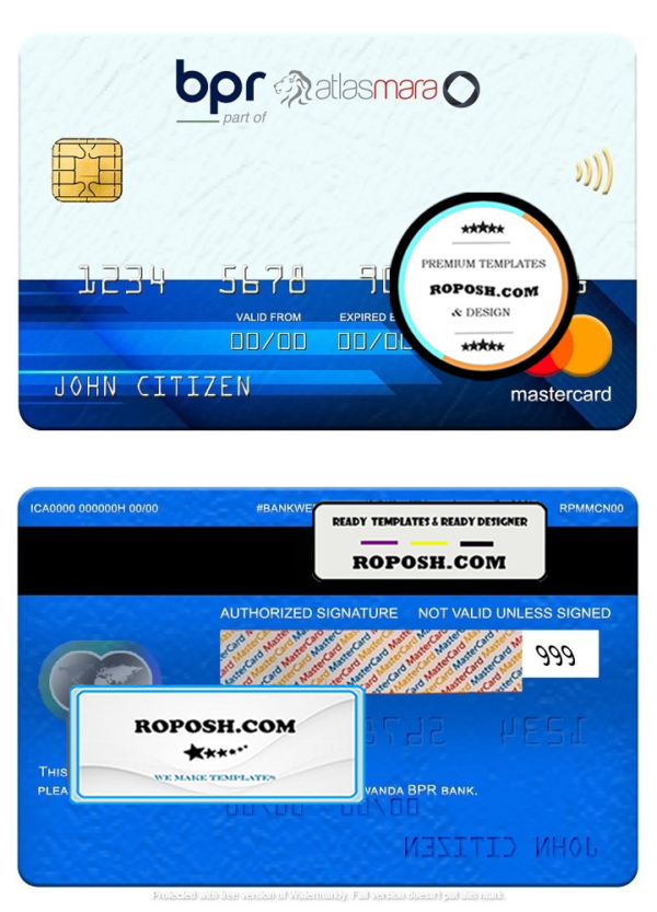 Rwanda BPR bank mastercard, fully editable template in PSD format