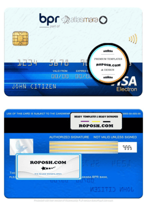 Rwanda BPR bank visa electron card, fully editable template in PSD format