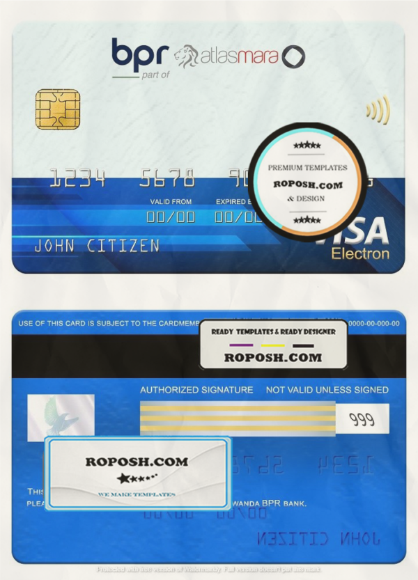 Rwanda BPR bank visa electron card, fully editable template in PSD format scan effect