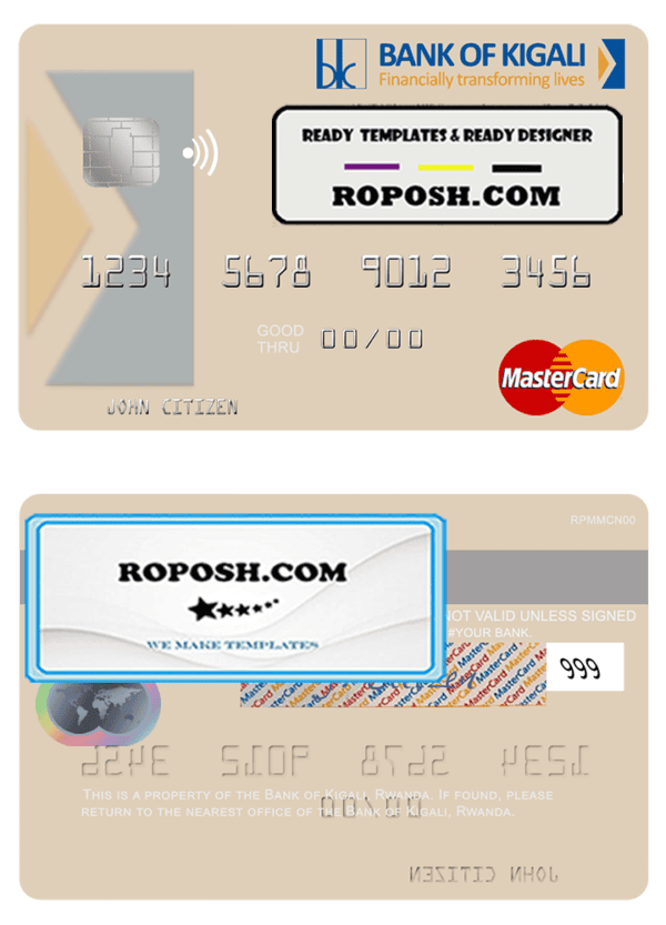 Rwanda Bank of Kigali mastercard credit card template in PSD format