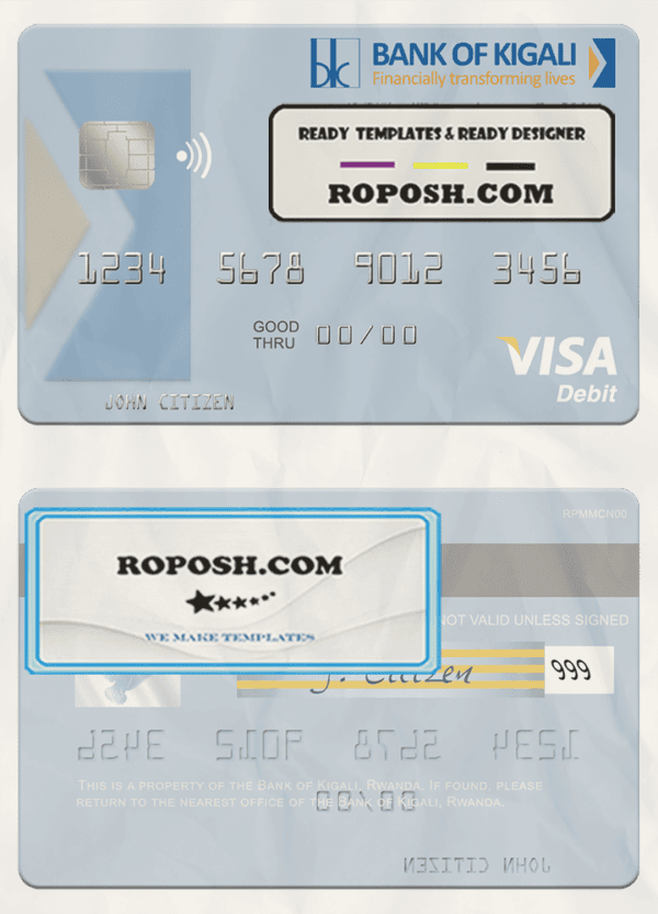 Rwanda Bank of Kigali visa debit card template in PSD format