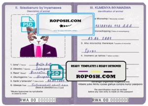 Rwanda cat (animal, pet) passport PSD template, fully editable