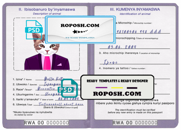 Rwanda cat (animal, pet) passport PSD template, fully editable