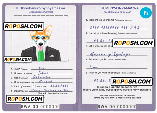 Rwanda dog (animal, pet) passport PSD template, fully editable