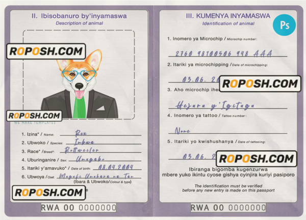 Rwanda dog (animal, pet) passport PSD template, fully editable scan effect